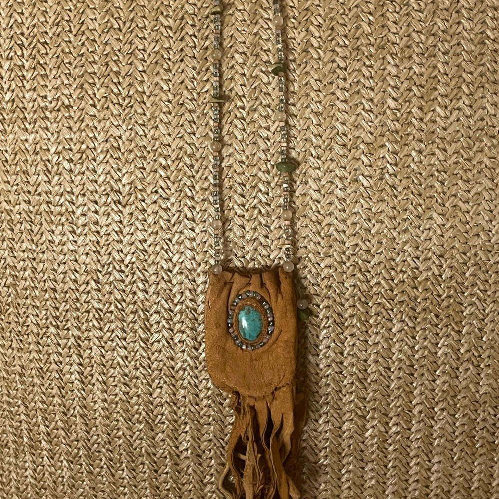 Native Leather Fringe  Necklace beaded with Turquoise Pendant